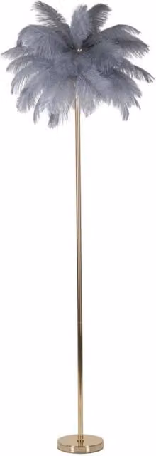 Lampada da terra Palm grigia in metallo dorato con piume di struzzo