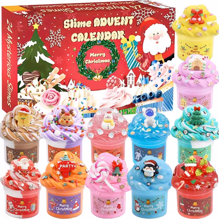 Calendario dell'Avvento 2026 a tema slime per bambini, 24 giorni, 12 slime, 12 accessori, colore rosso
