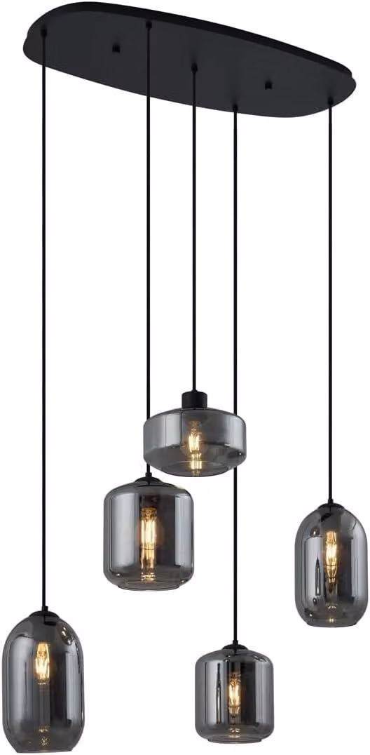 Lampada a sospensione moderna, ideale per la sala da pranzo, modello Sheena, nera con vetro fumé, forma ovale, 5 luci, 90 cm