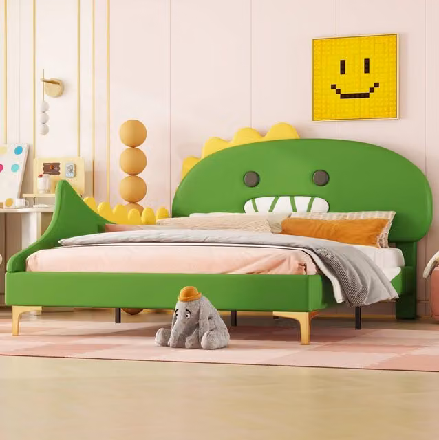 Letto per bambini 140x200 cm a forma di dinosauro; PU verde