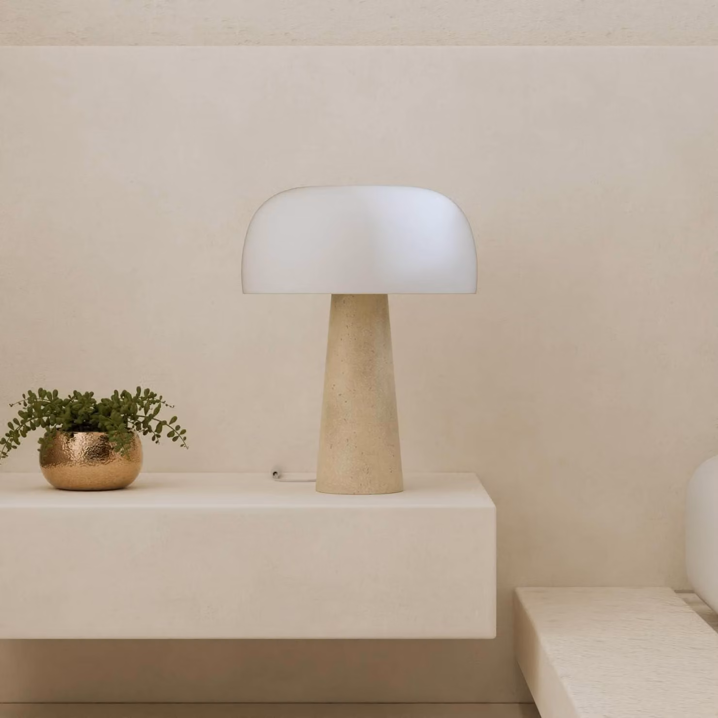 LUMIÈRE Design Lyra Lampada da Tavolo Base in Travertino Vetro Opale dimmerabile Bianco
