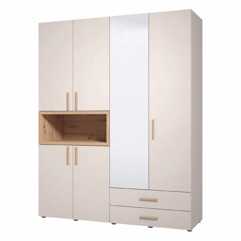 Armadio con ante scorrevoli DMORA per camera da letto, design moderno con specchio e ripiani interni, Bianco e Beige, L: 179 cm, H: 226.5 cm – 2