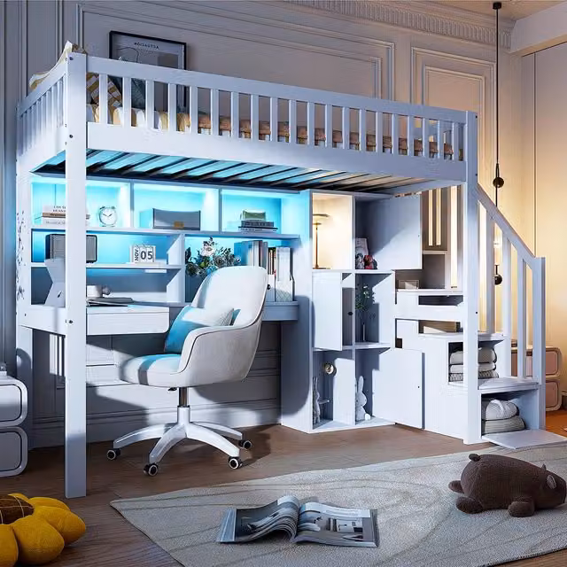 Letto mezzanino 90x200cm - Xylo - bianco, LED, scrivania, cassetti EN747