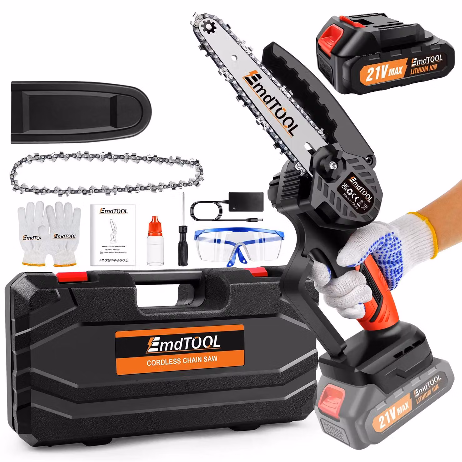 Troncatrice a batteria - Mini troncatrice a batteria 21V 700W - Lame da 15 cm - 1,5Ah, 1 batteria, 2 catene - 3500 giri/min - Per tagliare e rimuovere i rami