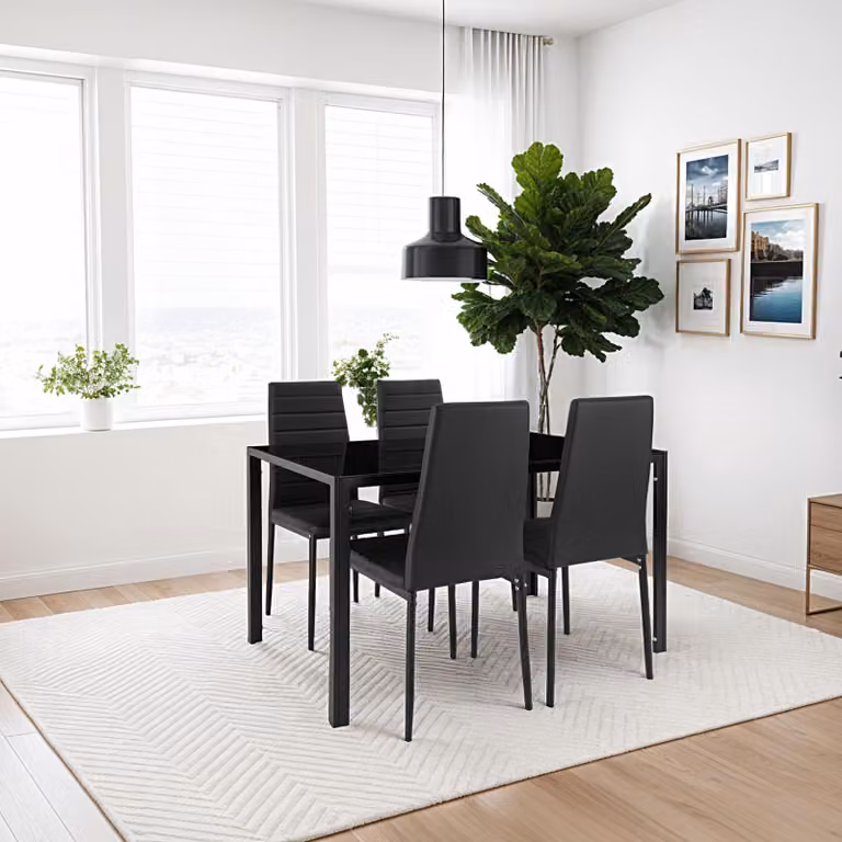 Set da pranzo moderno TecTake GmbH Berlino con tavolo rettangolare in vetro e 5 sedie nere