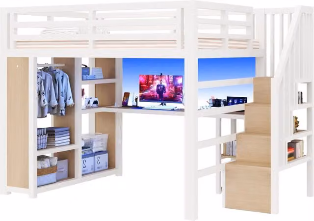 Letto da gaming in metallo a soppalco 140x200 con scrivania armadio e led bianco