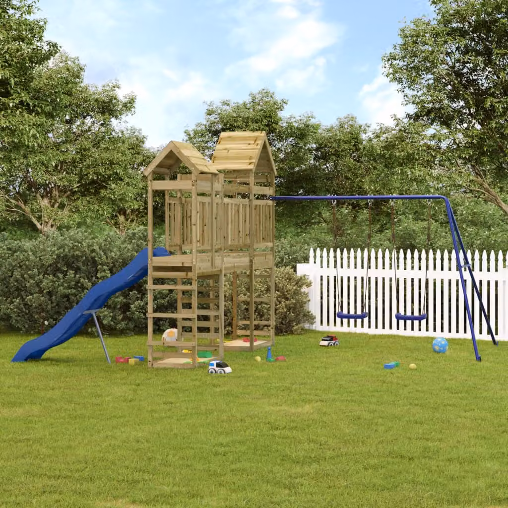 vidaXL Set da Gioco da Esterno in Legno di Pino con Scivolo, Altalena, Sabbiera e Tenda Multicolore
