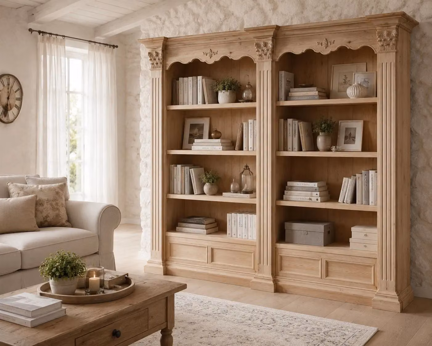 Libreria classica intarsiata in legno grezzo Mobili 2G L/P/H: 254 x 49 x 211 cm – 3