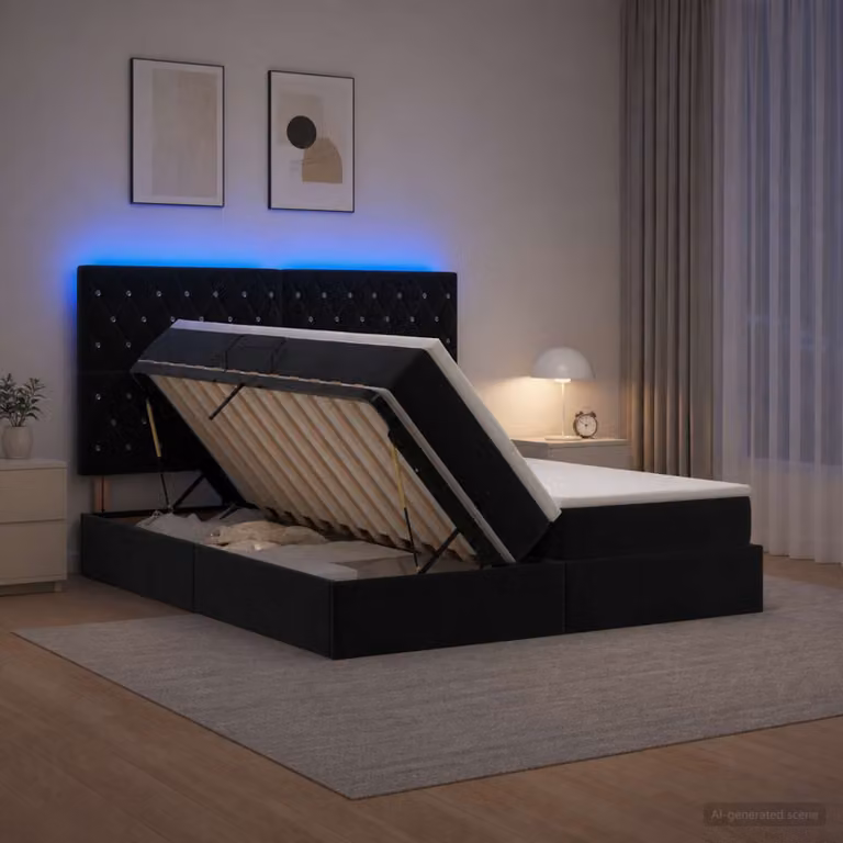 Letto con contenitore e materasso ibrido vidaXL in velluto nero con illuminazione LED e porte USB L/P/H: 180 x 200 x 140 cm