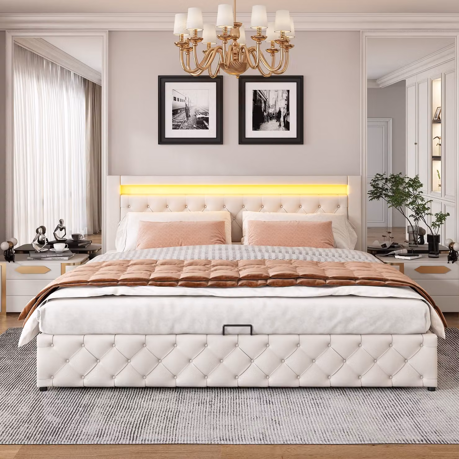 Letto imbottito MODFU 180 x 200 cm,,letto matrimoniale, letto per ragazzi con rete a doghe e contenitore, letto contenitore con illuminazione a LED, con materasso, bianco