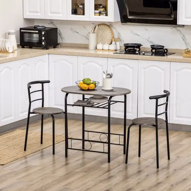 Tavolo da pranzo per 2 persone con 1 ripiano e 2 sedie, stile moderno, per cucina e soggiorno, nero, compatto