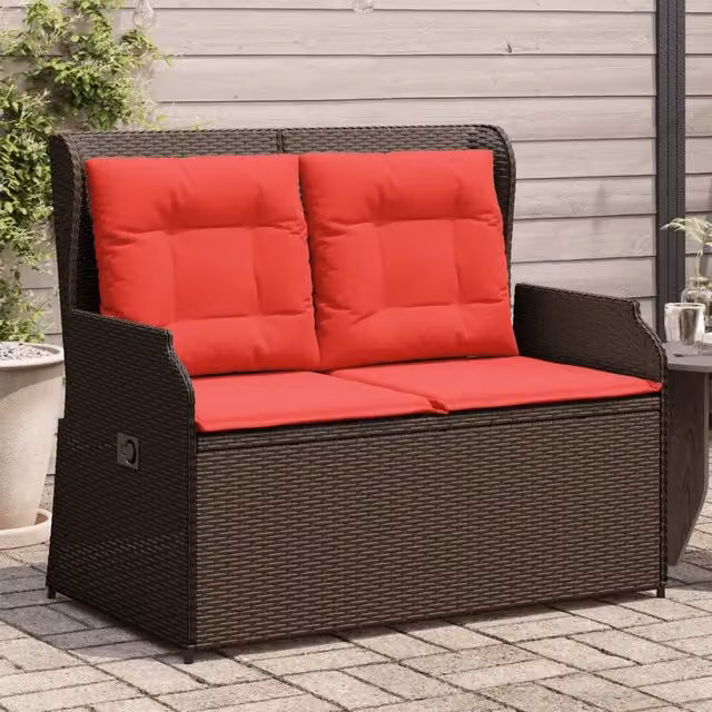 Panchina da giardino reclinabile vidaXL in rattan e metallo con cuscini marroni e rossi – 1