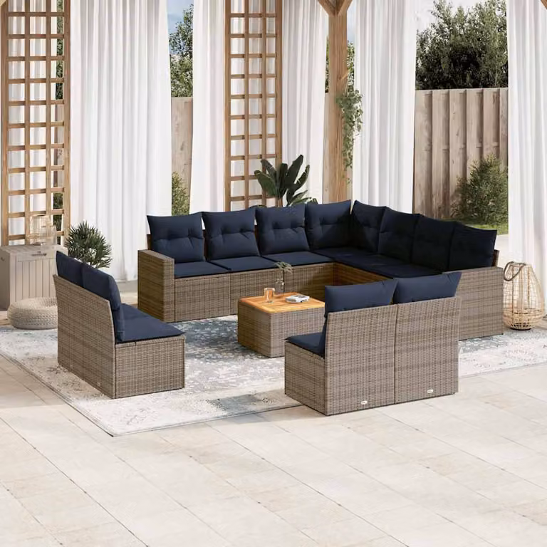 vidaXL Set Divani da Giardino 12 pz in Polyrattan con Cuscini Grigio e Blu con Tavolino e Elementi Angolari