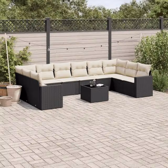 Set di divani da giardino a forma di U vidaXL in polyrattan nero con 11 pezzi e cuscini inclusi