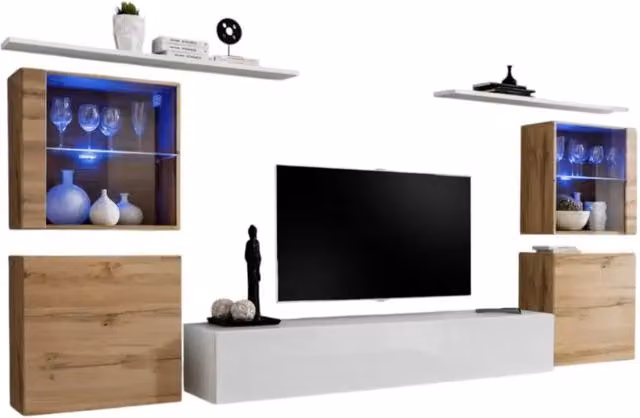 Composizione murale SWITCH XIV Meublorama mobile TV sospeso bianco e rovere con illuminazione LED integrata e ante in vetro – 1