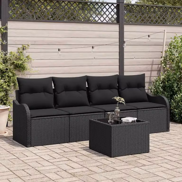 Set Divano da Giardino vidaXL a 5 posti con Cuscini e Funzione Archiviazione Nero