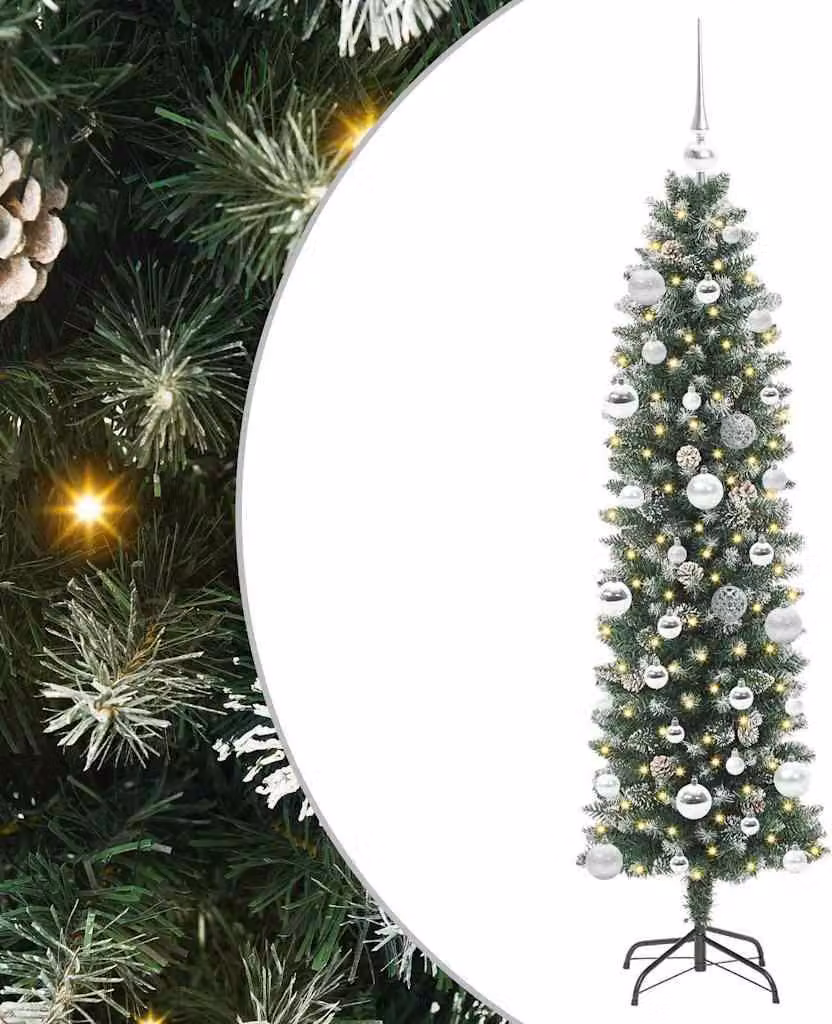 Albero di Natale Artificiale Sottile Verde e Bianco 150 cm