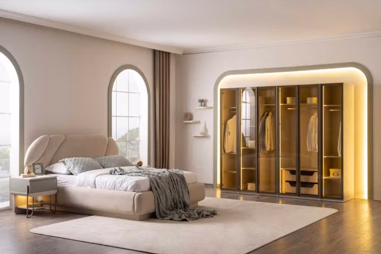 Letto, comodino, armadio, stile moderno, colore beige, nuovo, morbido, vetro