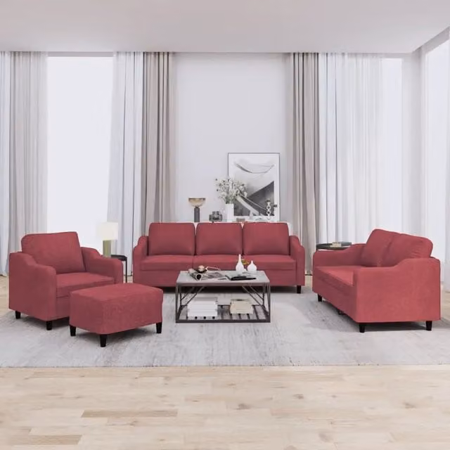 Set di divani moderno vidaXL in tessuto rosso composto da un divano a 3 posti, un divano a 2 posti, un pouf e cuscini coordinati