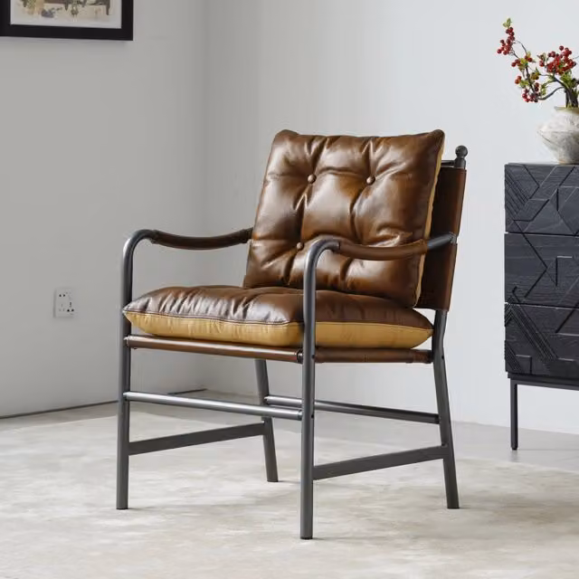 Poltrona accento WISHDOR in pelle marrone con struttura in metallo nero stile Mid-Century