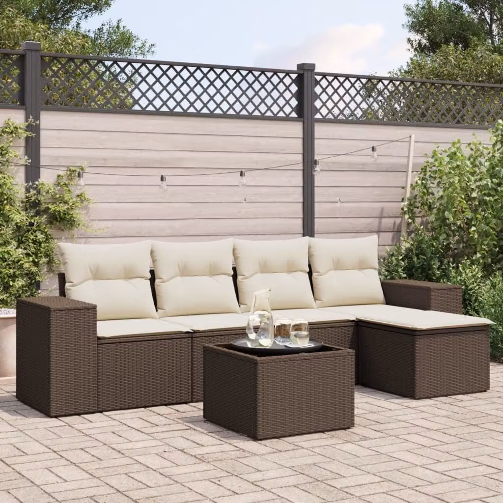 vidaXL Set Divano da Giardino a L 6 pz in Polyrattan Marrone con Cuscini e Tavolino – 1