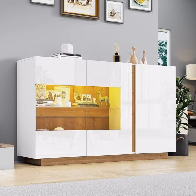 Credenza con 3 ante e LED RGB, frontali lucidi con vetro, per soggiorno e camera da letto, 138 × 38,5 × 90,5 cm