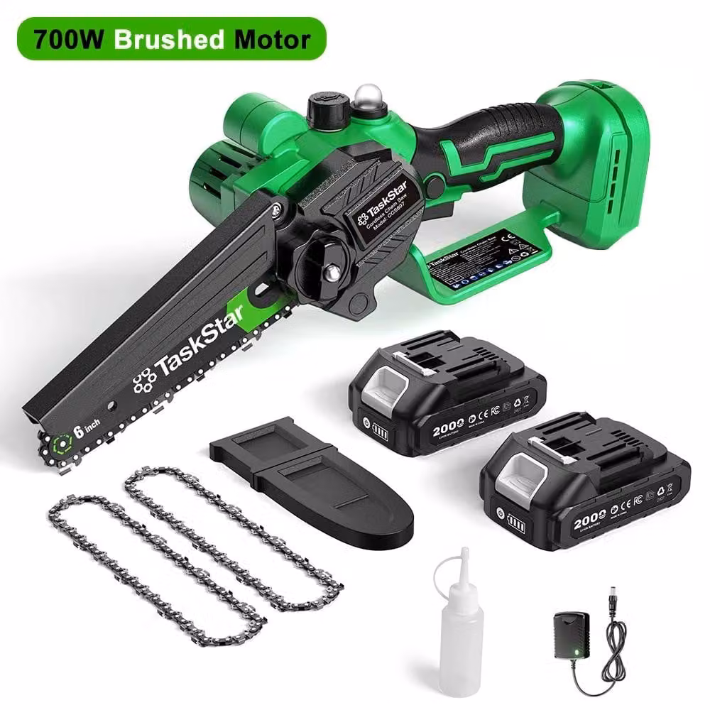 Troncatrice a batteria - Mini motosega da 15 cm - Motore a spazzole - Lubrificazione manuale - 2 batterie ricaricabili da 2000 mAh - Spina EU da 100–240 V - Ideale per tagliare il legno