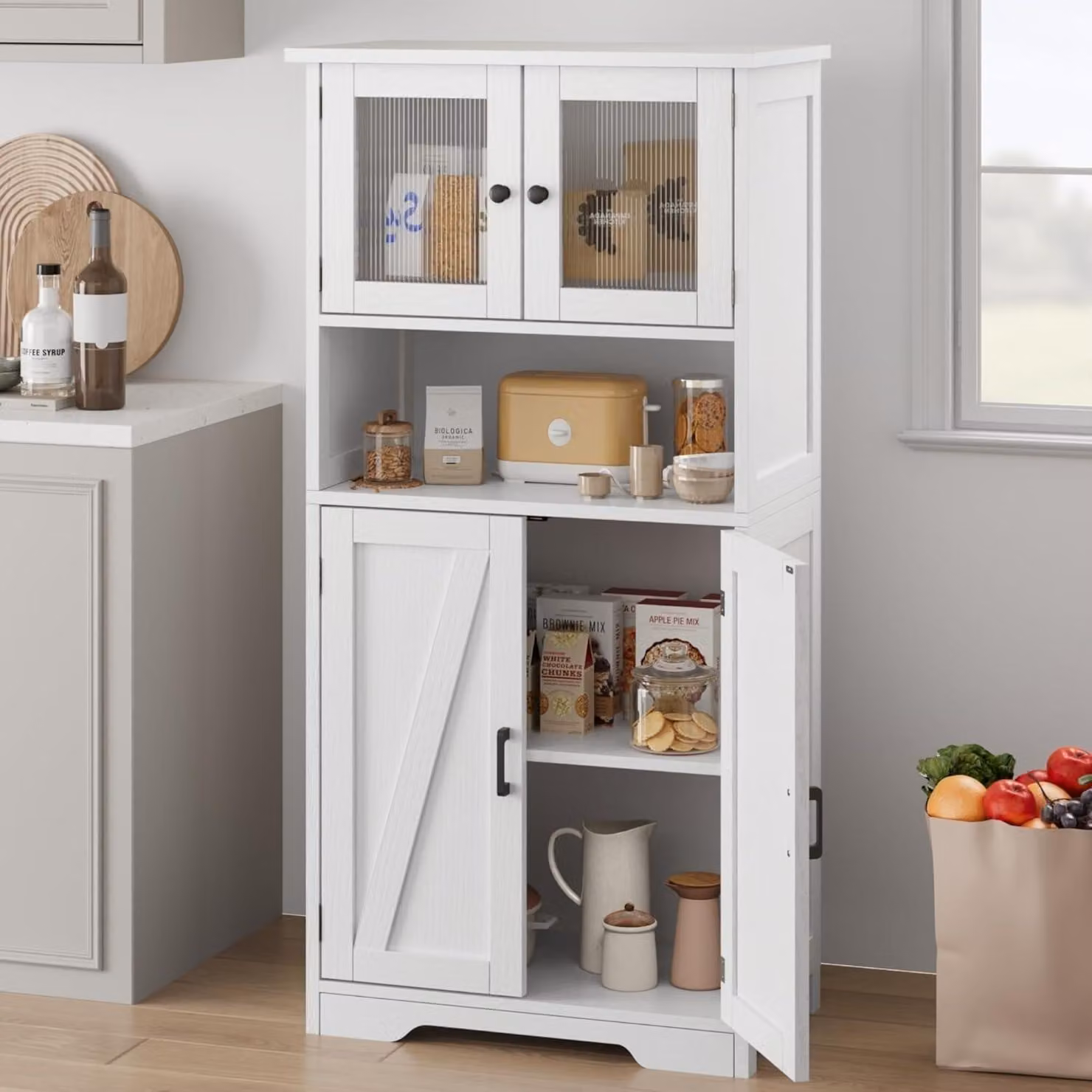 Armadio alto da bagno, bianco, 60x30x128 cm, con ante in vetro e ripiani regolabili