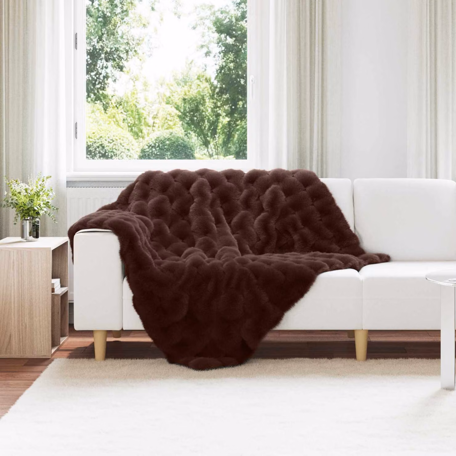 Set di 4 copertine antiscivolo vidaXL in ecopelliccia di coniglio marrone, L/P: 150 x 130 cm