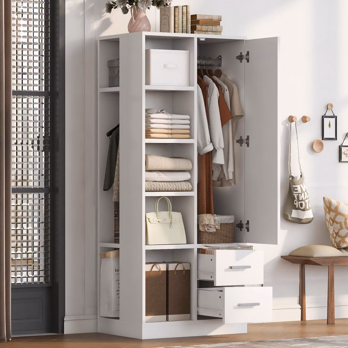 Armadio a muro con ante battenti, dotato di 2 aste appendiabiti, armadio guardaroba con porta e 2 cassetti, armadio guardaroba 70x50x170 cm, bianco