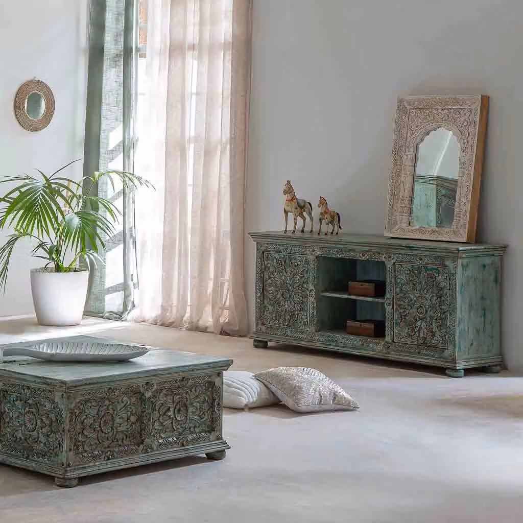 Credenza in legno di mango WANDERLUST DECO con decorazioni floreali nei toni del verde e blu L/P/H: 165 x 45 x 76 cm – 2