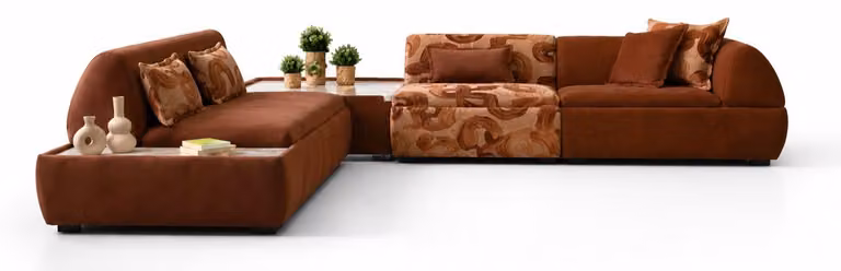 Divano ad angolo a forma di "L", color marrone, stile moderno, pratico, spazioso e confortevole