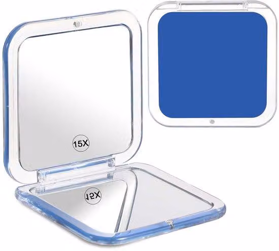 Specchio da viaggio pieghevole con ingrandimento 15x, doppio specchio cosmetico, portatile, piccolo specchio da viaggio, specchio da viaggio compatto per borse, ufficio, donne, blu