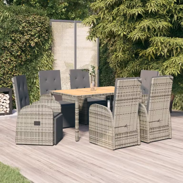 Set da pranzo da giardino vidaXL in polyrattan e legno di acacia grigio con 7 pezzi e cuscini