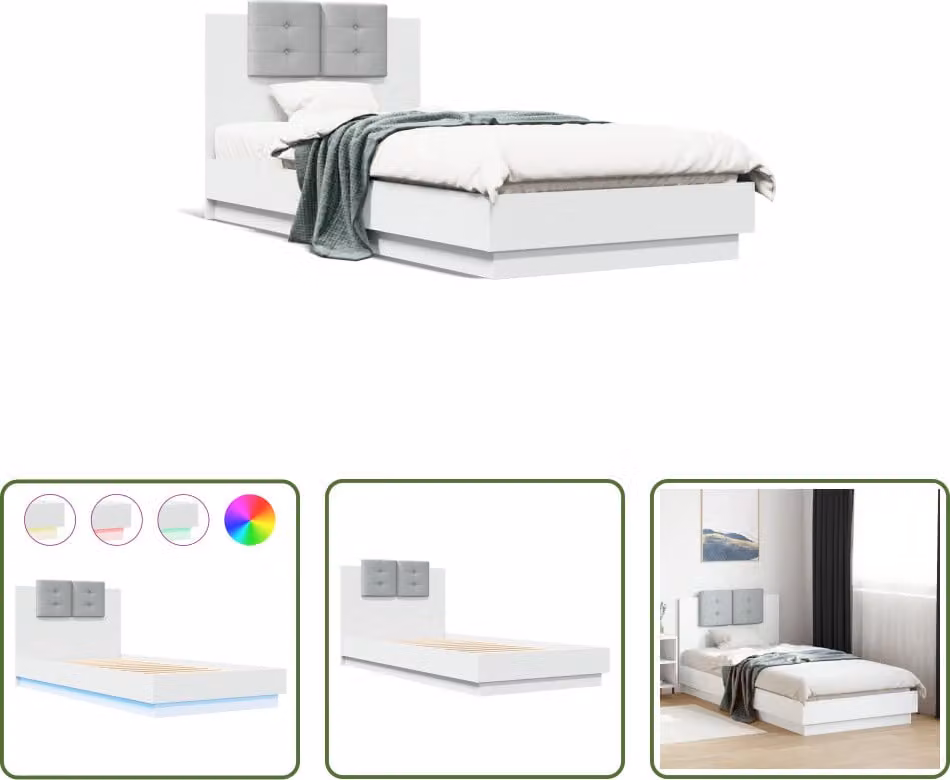 The Living Store Giroletto con testiera e luci LED bianco 100x200 cm