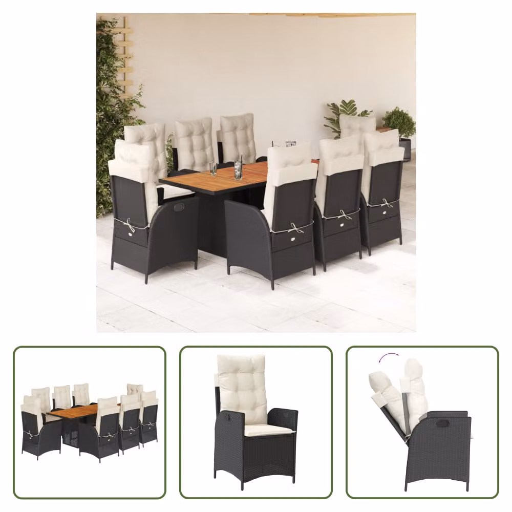 The Living Store Set da pranzo da giardino 9 pezzi con cuscini in polirattan nero