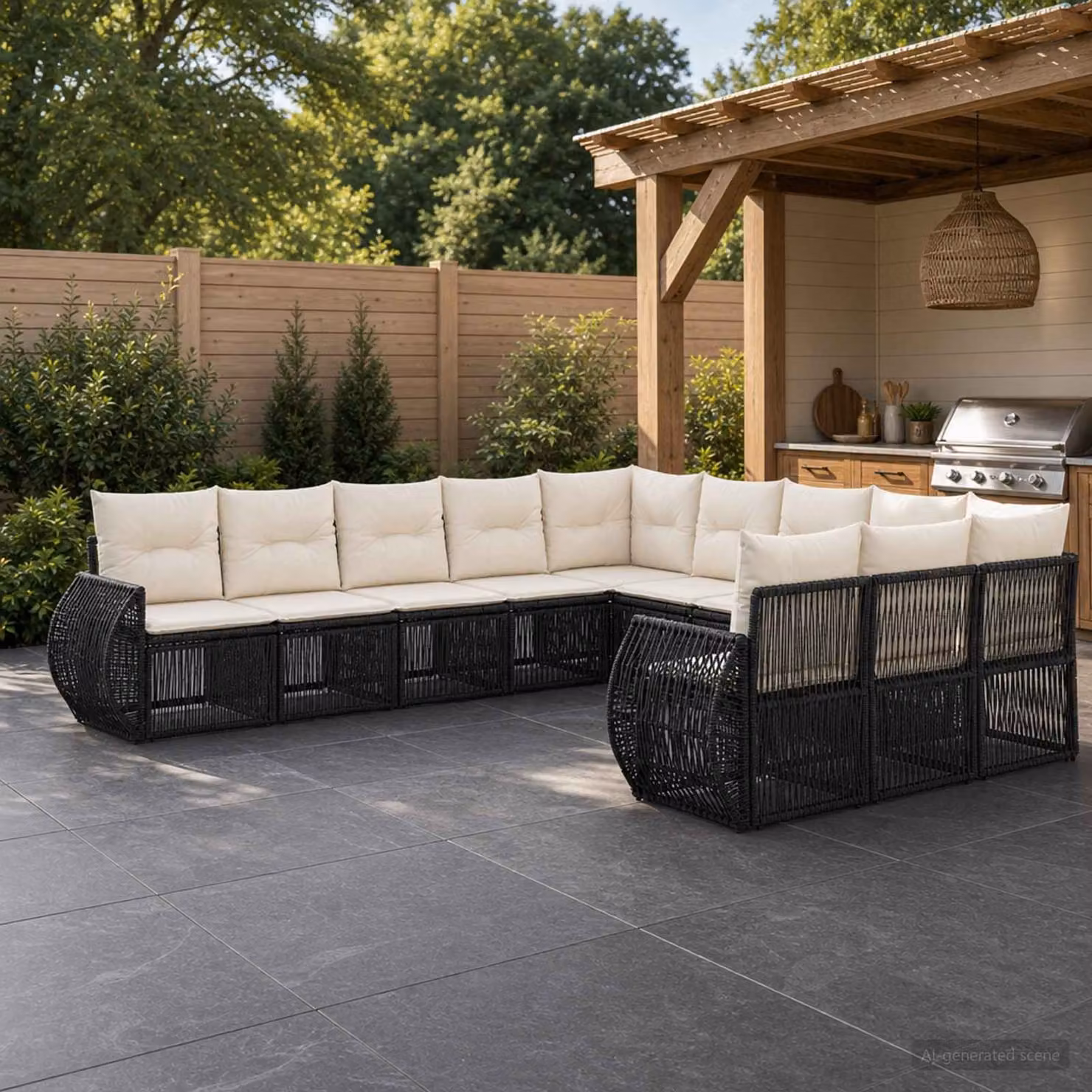 Set Divano da Giardino vidaXL 11 Pezzi a Forma di U in Polyrattan con Cuscini, Colore Nero e Bianco Crema