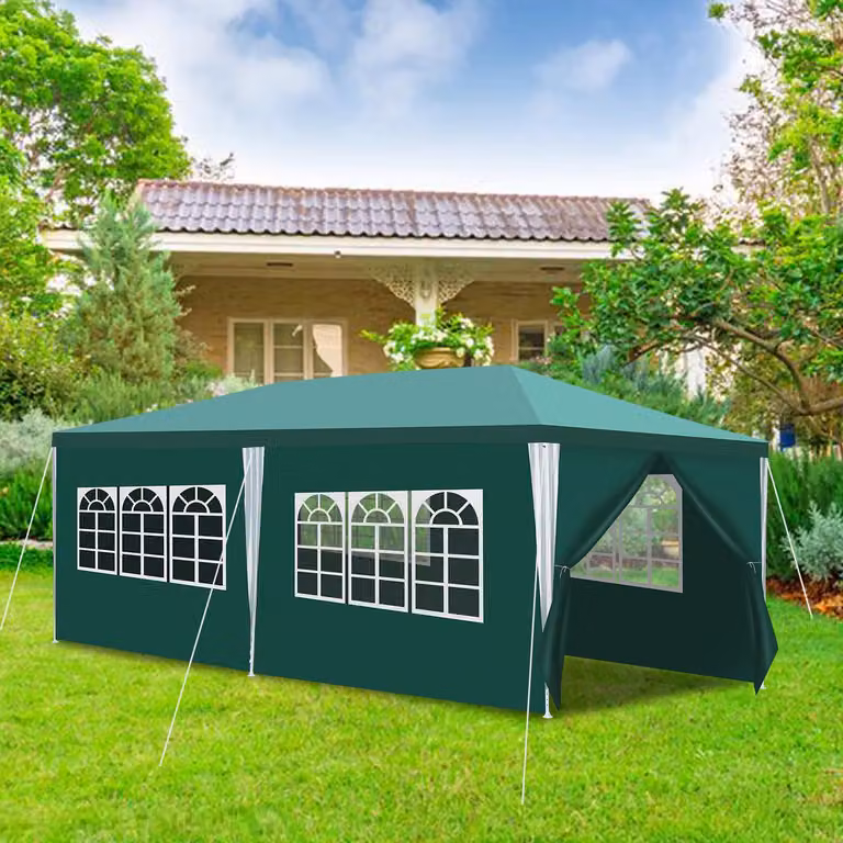 Ikodm Gazebo da giardino 3 x 6 m con 4 pareti laterali, tenda portatile impermeabile con tubi a spirale, verde