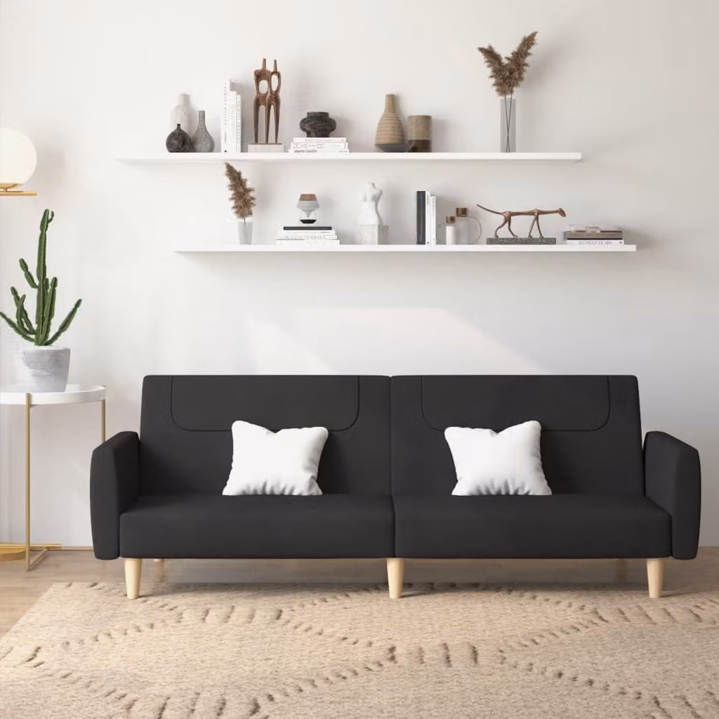 vidaXL Divano Letto Click-Clack a 2 Posti in Tessuto Nero con Struttura in Legno Solido e Poggiatesta Regolabile