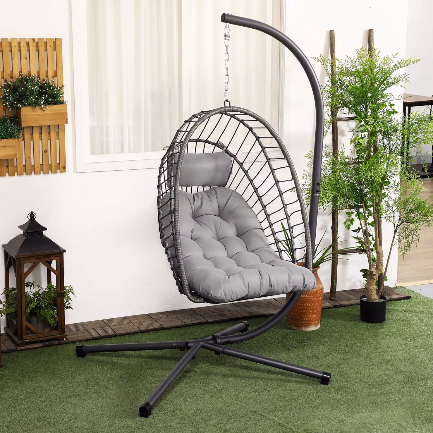 Poltrona sospesa a uovo Outsunny in rattan PE con cuscini e struttura in acciaio verniciato grigio – 2