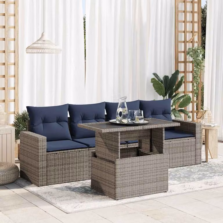 Set Divano da Giardino vidaXL 5 Pezzi in Polyrattan e Legno di Acacia con Cuscini Blu e Grigio