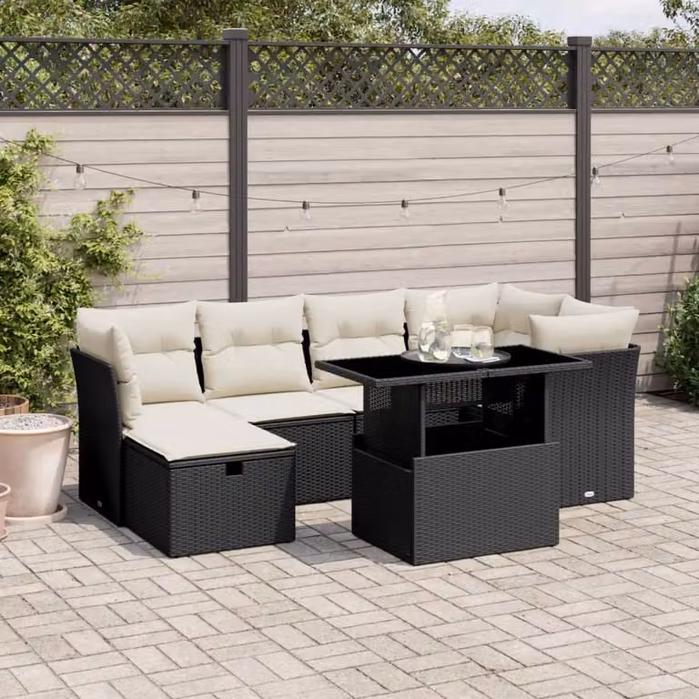 Set Divani da Giardino vidaXL a Forma a L con Cuscini e Tavolino, 7 Pezzi, Nero e Bianco