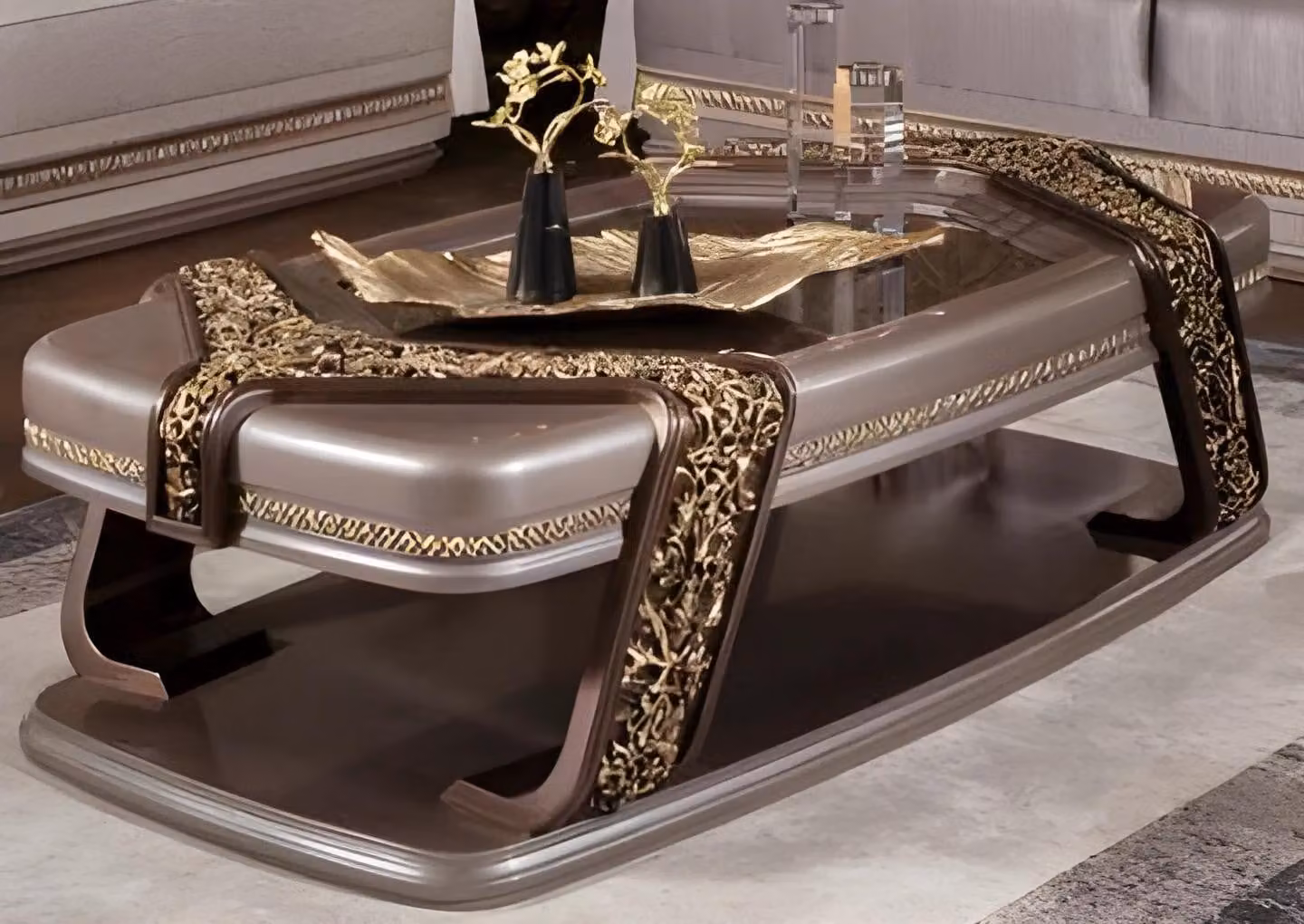 Elegante tavolino da salotto con dettagli dorati e un design unico