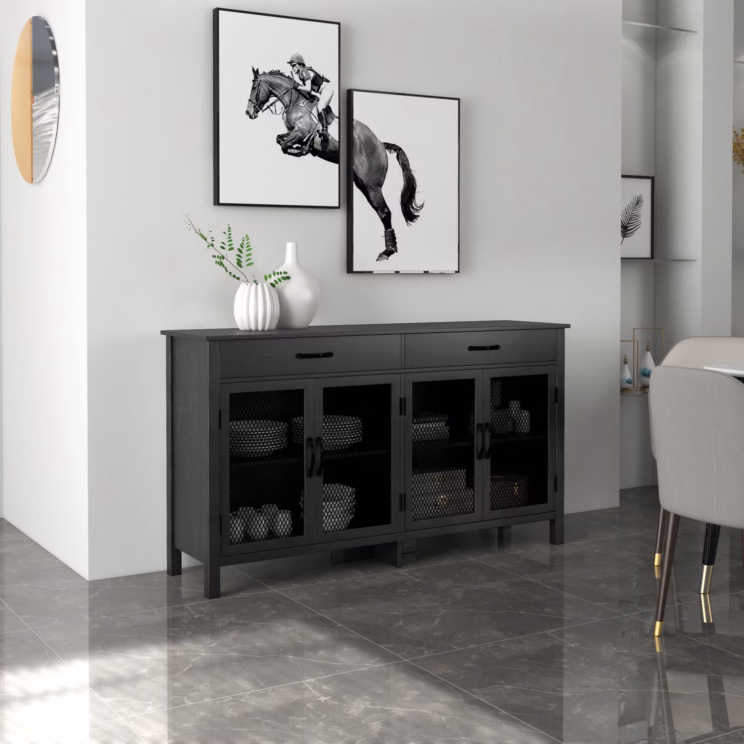 Mobiletto basso HOMCOM in stile industriale con 4 ante, ripiani regolabili e 2 cassetti, colore nero, L 150 x P 40 x H 85 cm – 2