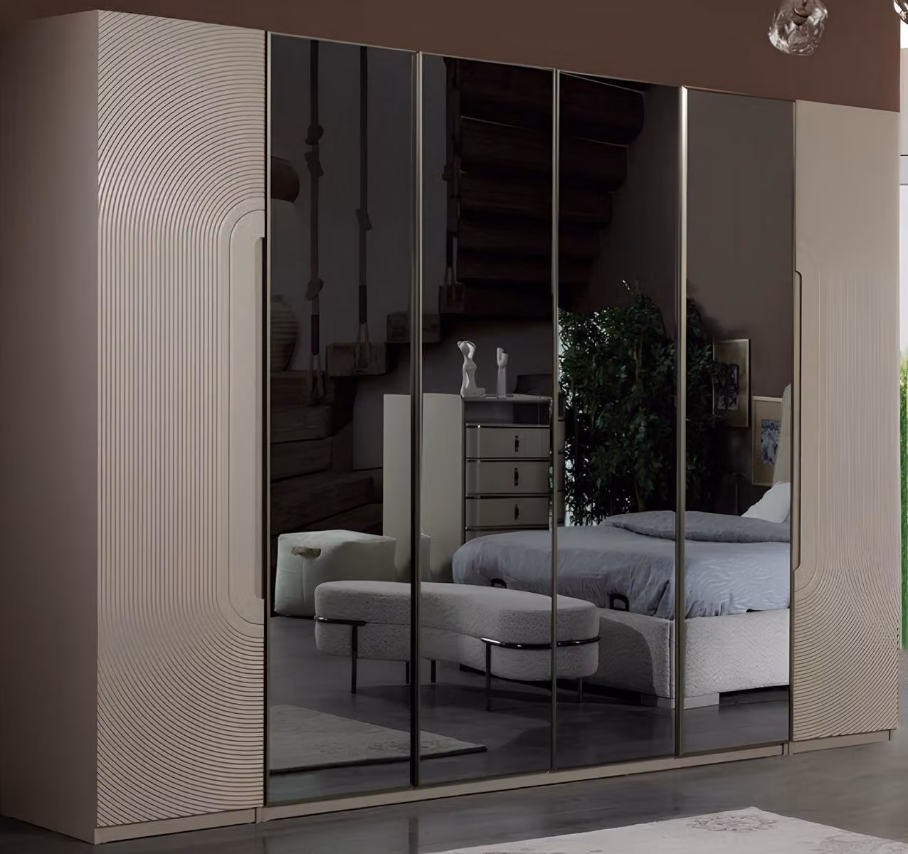 Beiger Spiegeltürenschrank Designer Schlafzimmer Schränke Holzmöbel
