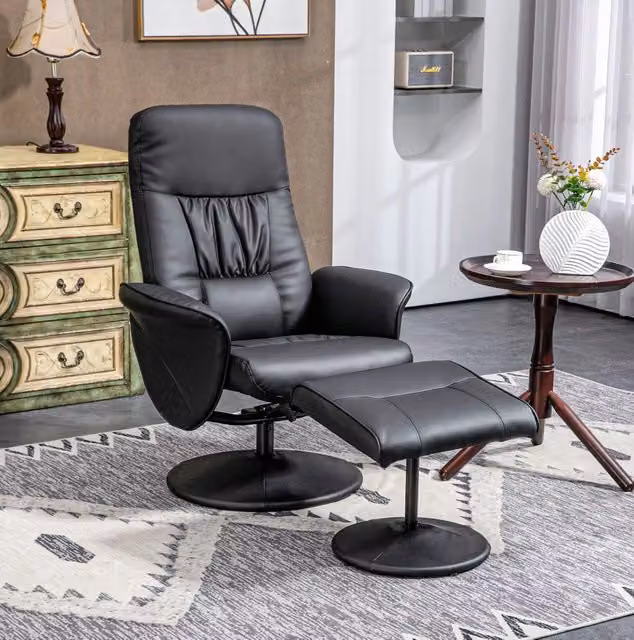 Poltrona relax con pouf in ecopelle nera