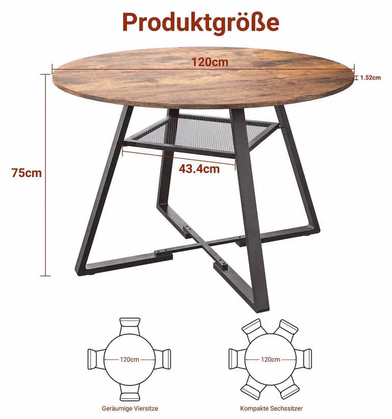 Tavolo rotondo da pranzo - Tavolo per la sala da pranzo - 120 x 120 x 75 cm - Per 4 persone - MDF - Struttura in metallo - Colonna portaoggetti - Stile moderno