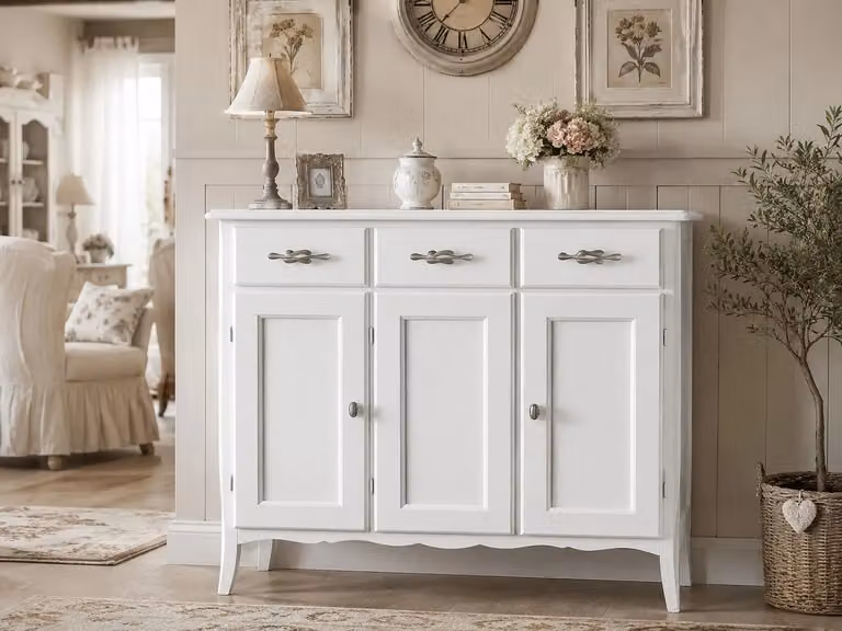 Madia credenza shabby chic in legno bianco con 3 ante Mobili 2G L/P/H: 105 x 42 x 101 cm