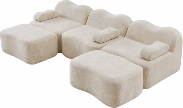 Divano modulare a 3 posti a forma di U con 2 pouf, schiuma ad alta densità 32D, rivestimento in velluto beige