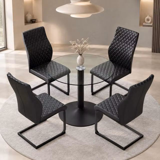 Set tavolo da pranzo rotondo in vetro con 4 sedie nere